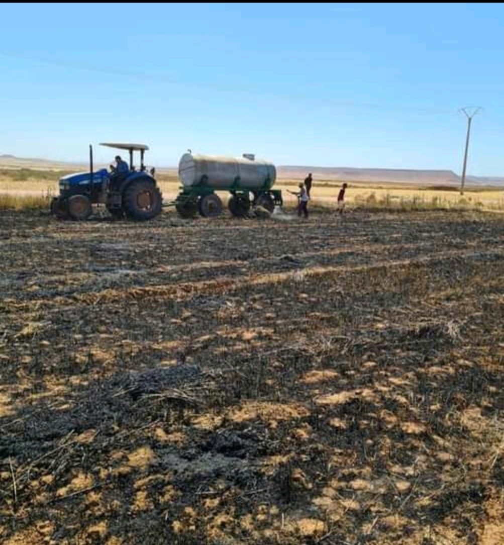 ٱلة حصاد تحصد النيران  بأحد المحاصيل الزراعية بدوار البلات باقليم شيشاوة